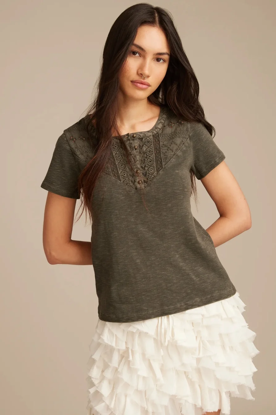 Image of Lucky Brand Cutwork Henley Tee - Women's Clothing Tops Shirts Tee Graphic T Shirts in Red Violet