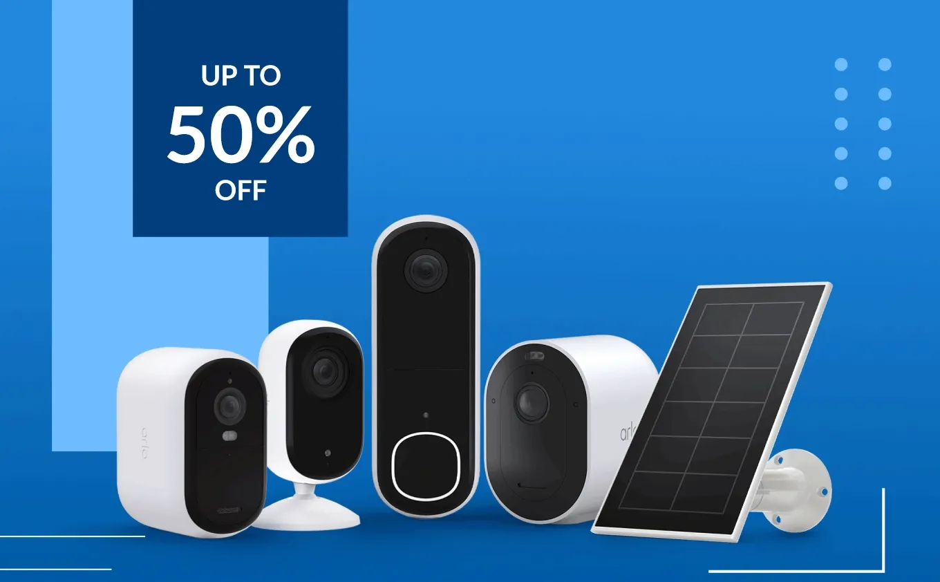 Get up to 50% off. Flash sale.Various Arlo security products on a blue background.