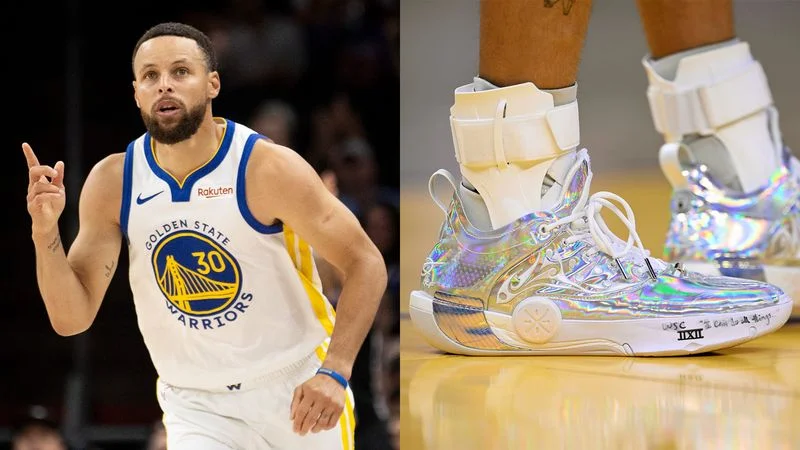 A diptych of Stephen Curry and the Li-Ning Way of Wade 12 LUX shoes