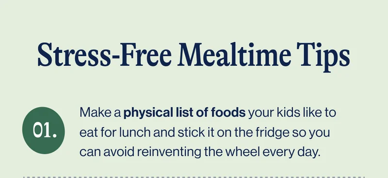 Stress-Free Mealtime Tips. #1 Make a physical list of foods your kids like to eat for lunch and stick it on the fridge so you can avoid reinventing the wheel every day.