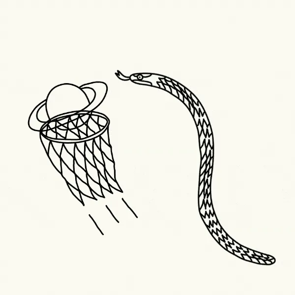 A black line illustration of a snake dunking a planet into a basketball hoop.