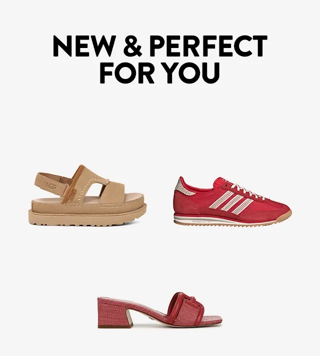 A red sneaker, red sandal, red mule, brown mary jane, brown platform sandal and tan pump.