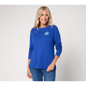 Denim & Co. 100% Cotton Stripe or Solid Snowflake Long Sleeve Top