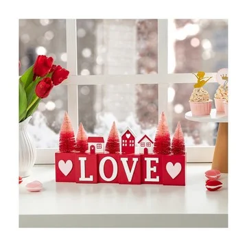Glitzhome 14" Valentine's House & Brush Trees LOVE Table Decor
