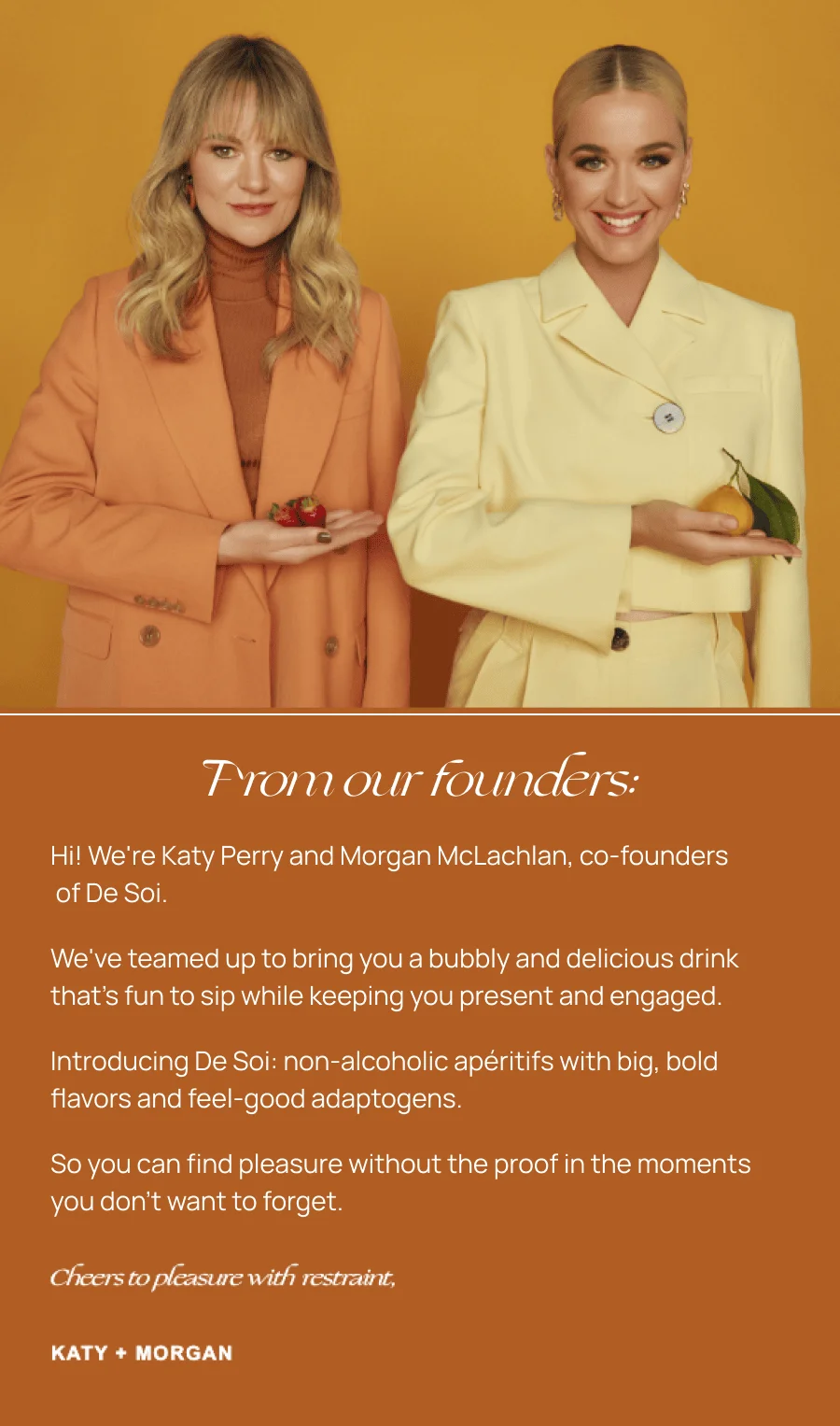 Image containing picture of De Soi founders Katy and Morgan and a note from them