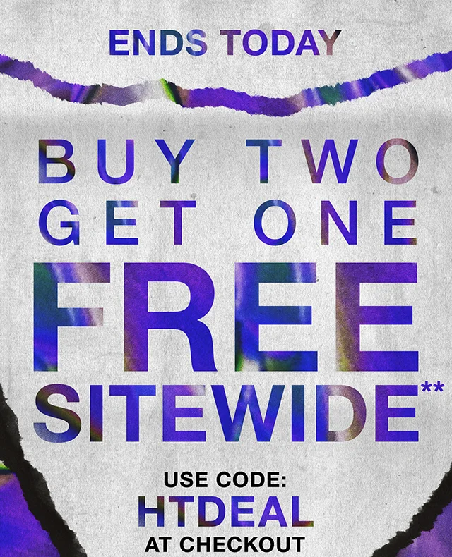 Ends Today Buy Two, Get One Free Sitewide. Use Code discount code at Checkout. Not Combinable with Other Offers. Shop Now