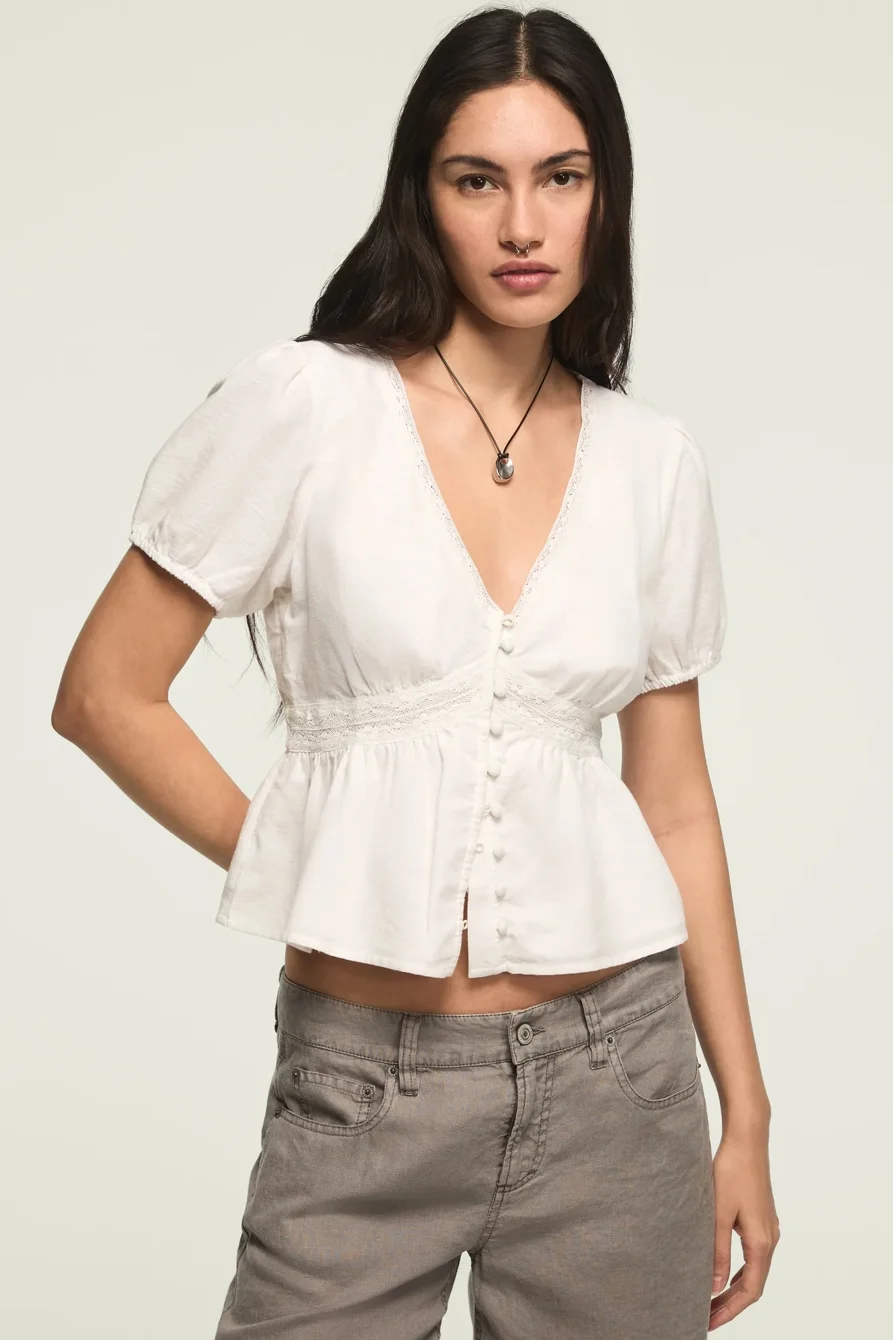 Image of Lucky Brand Lace Peplum Blouse - Women's Clothing Blouses Tops Dress Shirts in Bright White