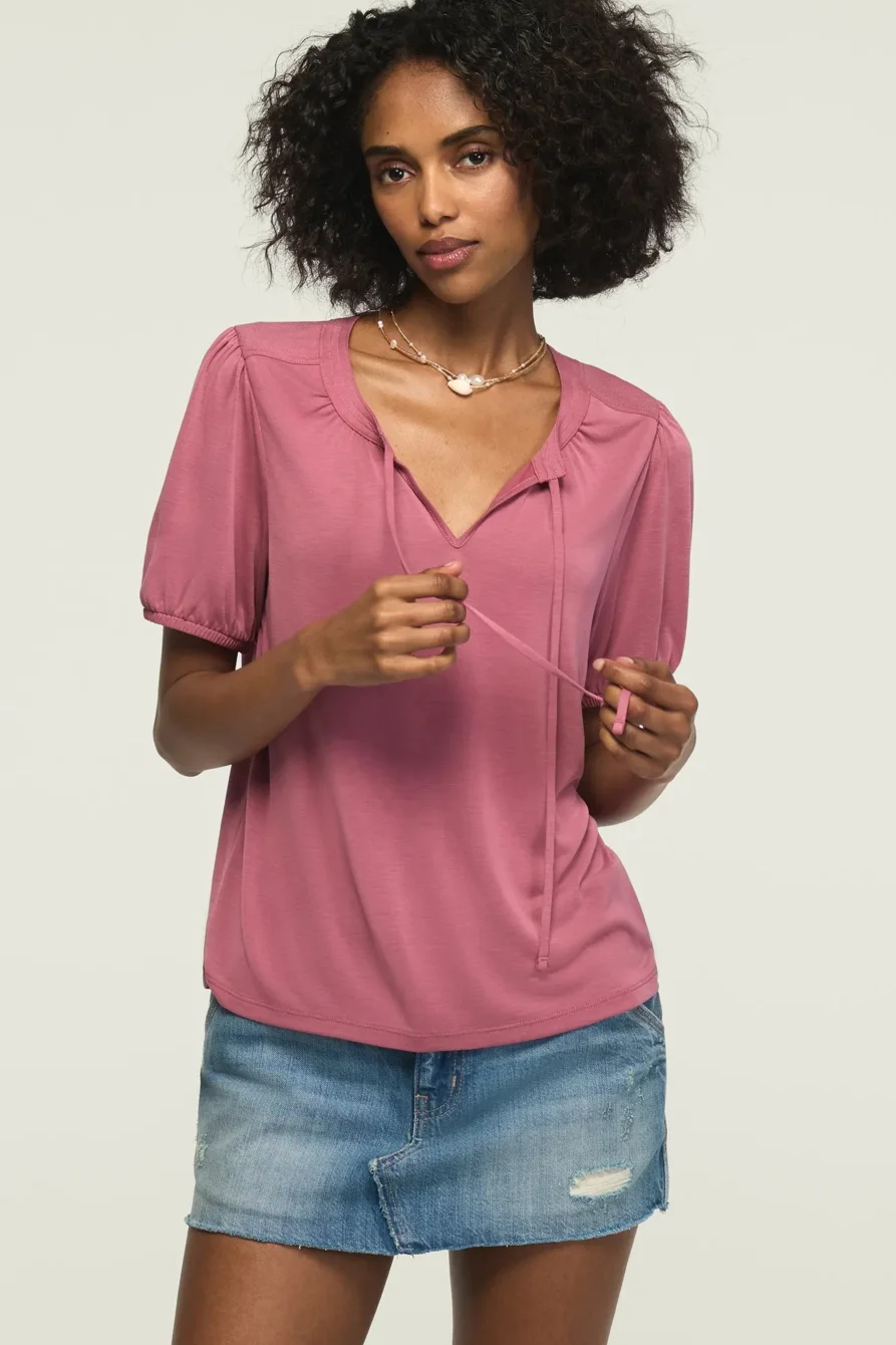 Image of Lucky Brand Sandwash Tie Front Top - Women's Clothing Tops Tees Shirts in Mauvewood