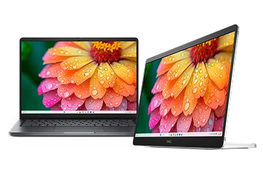 A Dell Pro 14 Laptop computer next to a Dell Pro 14 Plus Portable Monitor.