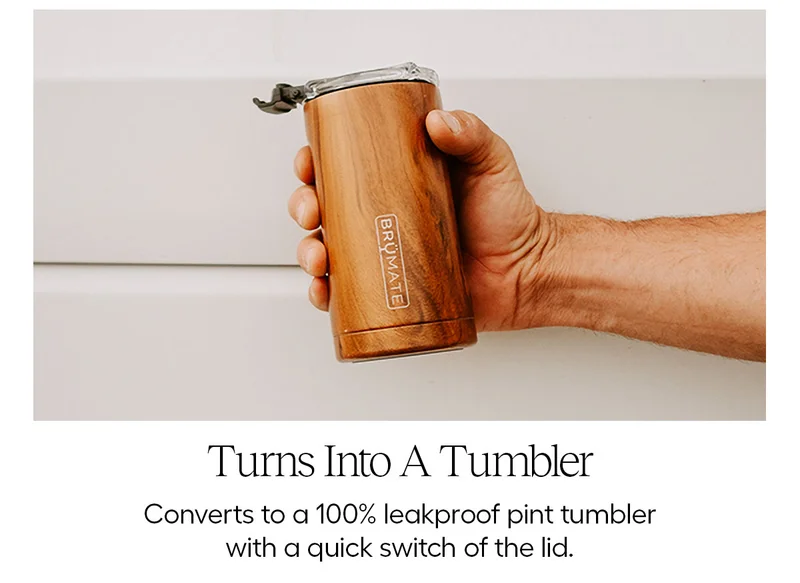 turns Into a Tumbler. Converts to a 100% leakproof pint tumbler with a quick switch of the lid