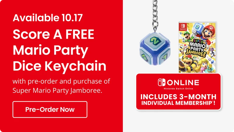 Available 10.17 - Score A Free Mario Party Dice Key Chain with pre-order and purchase of Super Mario Party Jamboree