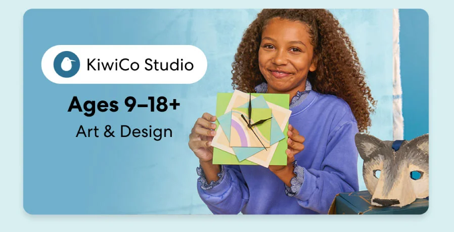 Smiling teen holding a colorful KiwiCo art and design project. Inspires creativity for ages 9–18+