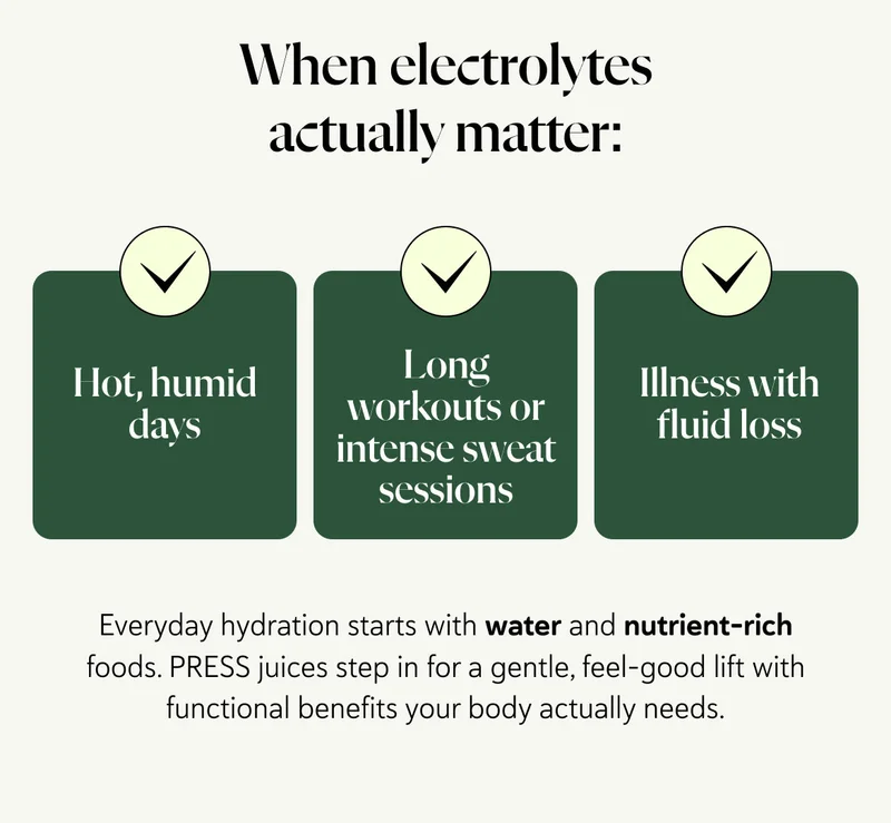 When electrolytes actually matter: Long workouts or intense sweat sessions Hot, humid days Illness with fluid loss Everyday hydration starts with water and nutrient-rich foods. PRESS juices step in for a gentle, feel-good lift with functional benefits your body actually needs.