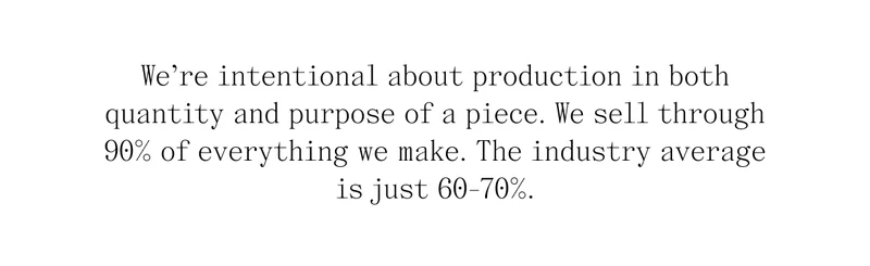 We're intentional about production in both quantity and purpose of a piece. We sell through 90% of everything we make. The industry average is just 60-70%.