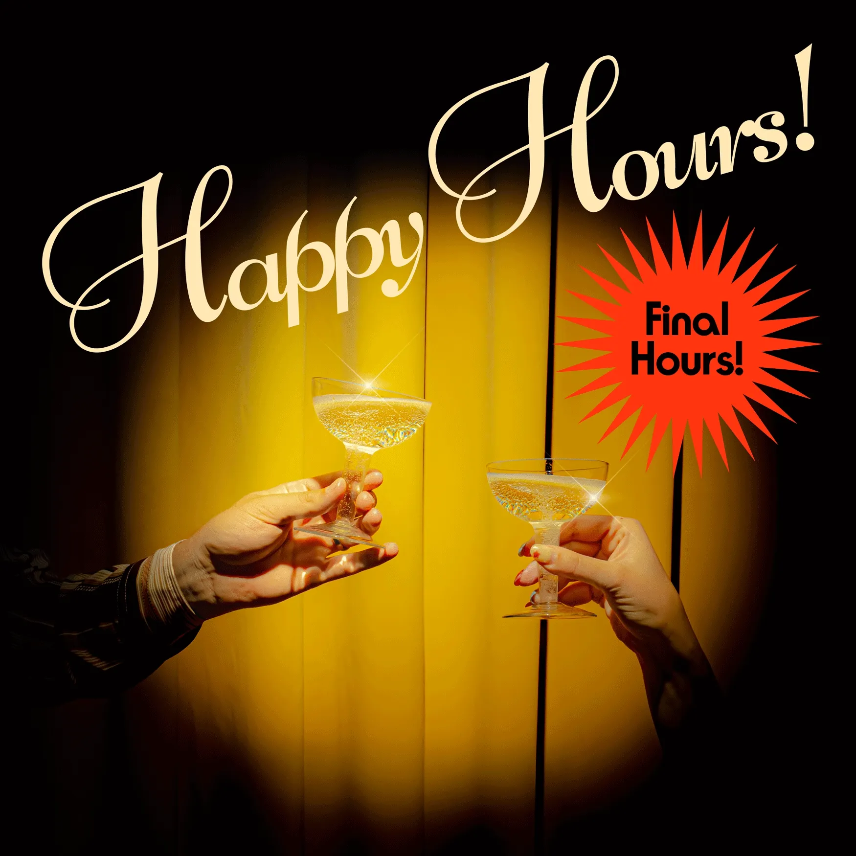 Two celebratory coupe glasses clinking beneath a spotlight, set against a rich mustard curtain backdrop.