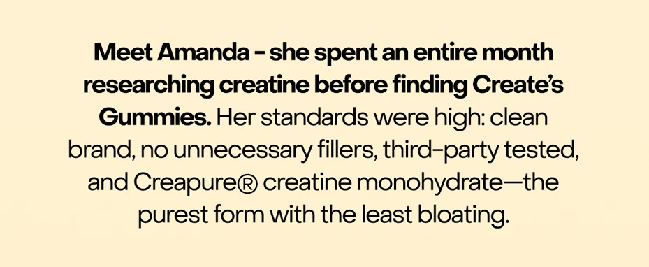 Meet Amanda - she spent an entire month researching creatine before finding Create's Gummies. Her standards were high: clean brand, no unnecessary fillers, third-party tested, and Creapure® creatine monohydrate—the purest form with the least bloating.