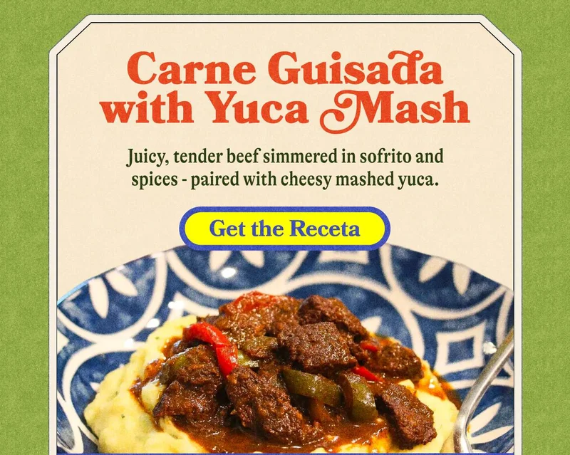 Carne Guisada with Yuca Mash Juicy, tender beef simmered in sofrito and spices - paired with cheesy mashed yuca. GET THE RECETA