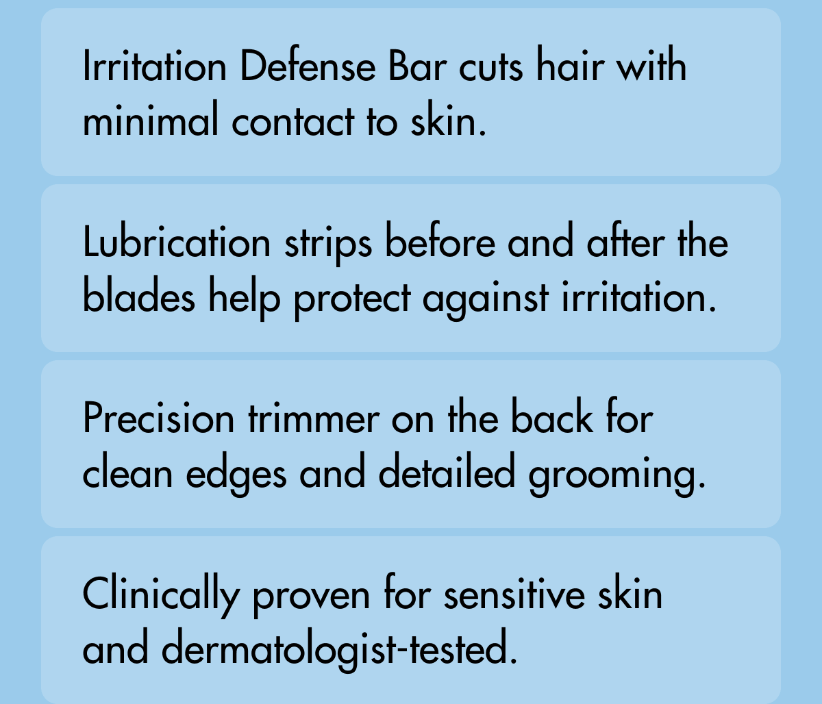 Irritation Defense Bar cuts hair with minimal contact to skin. Lubrication strips before and after the blades help protect against irritation. Precision trimmer on the back for clean edges and detailed grooming. Clinically proven for sensitive skin and dermatologist-tested.