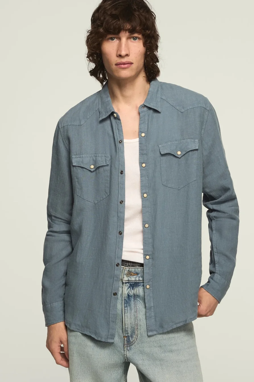Image of Lucky Brand Linen Long Sleeve Western Shirt - Men's Clothing Outerwear Shirt Jackets in Flint Stone