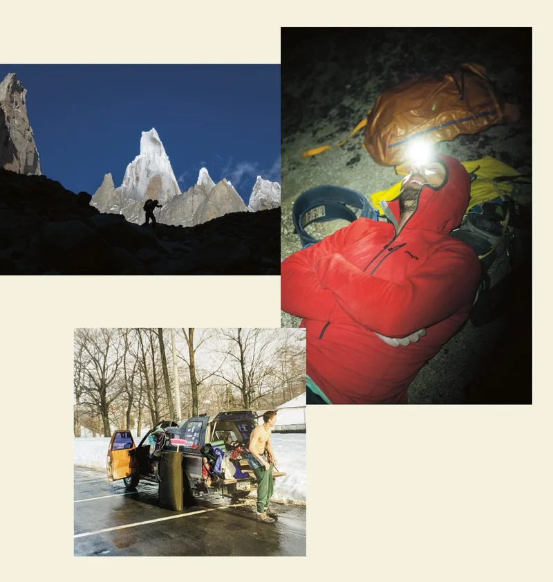 Three photos of Sonnie Trotter trekking, resting and changing at his truck.