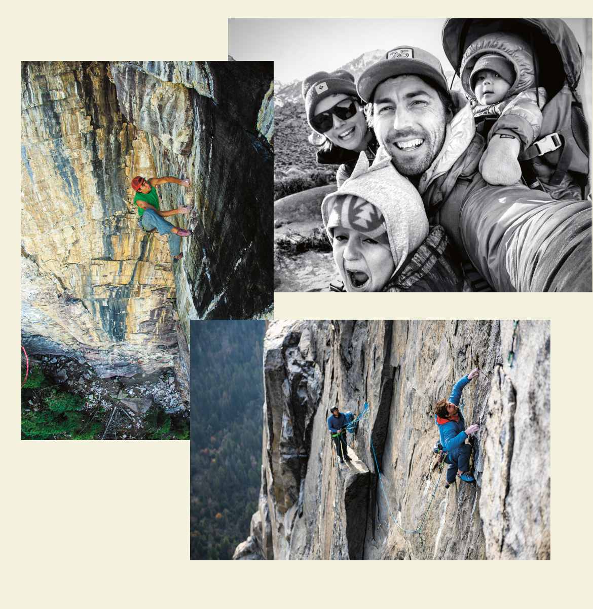 Photos of Sonnie Trotter climbing hard routes and hiking with his family.