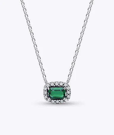 Rectangular Sparkling Green Halo Pendant Necklace