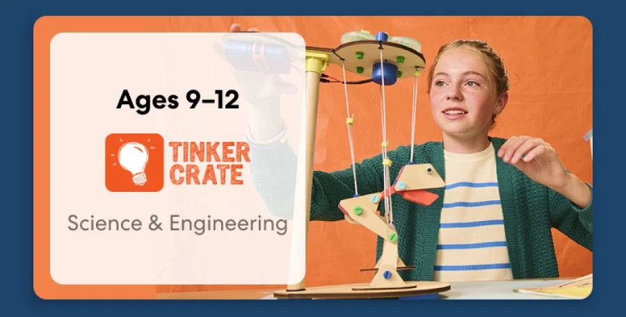 Tween building an engineering project from KiwiCo Labs, suitable for ages 9–12. Perfect for exploring engineering concepts.