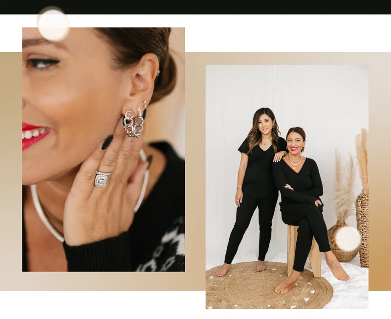 collage of women wearing chain hoop earrings. Women are wearing black rompers
