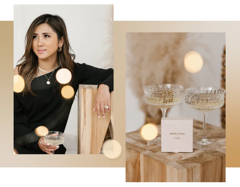 first image is of a woman wearing big chain hoop earrings. Second image is of 2 cocktail glasses with earrings draped over rim, jewellery box to the side