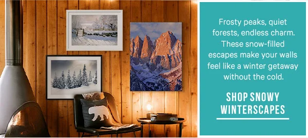 Frosty peaks, quiet forests, endless charm. These snow-filled escapes make your walls feel like a winter getaway without the cold. - Shop Snowy Winterscapes