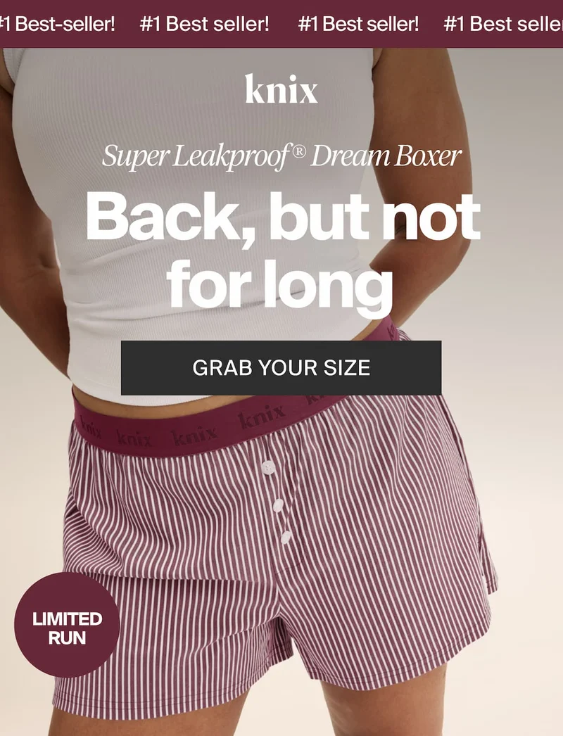 #1 Best-seller! Knix. Super Leakproof Dream Boxer. Back, but not for long. GET YOURS FIRST