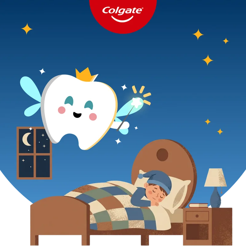 An illustration of a smiling tooth with a crown, wings, and a wand over a child sleeping in a bed.