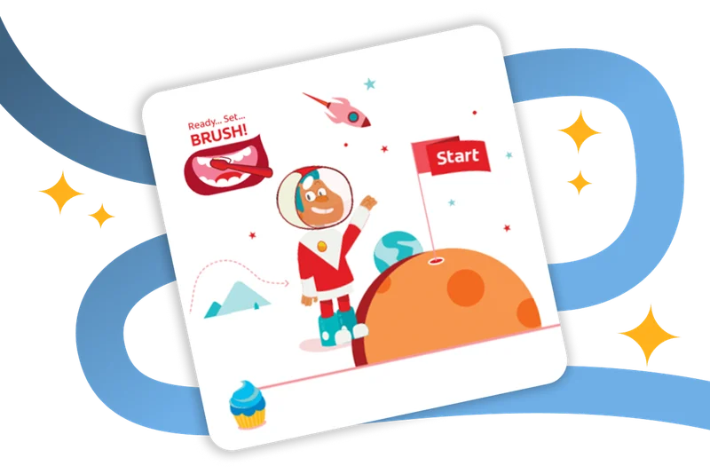 A background with a blue maze graphic and stars. An image of an animated astronaut on the moon is overlayed on top.