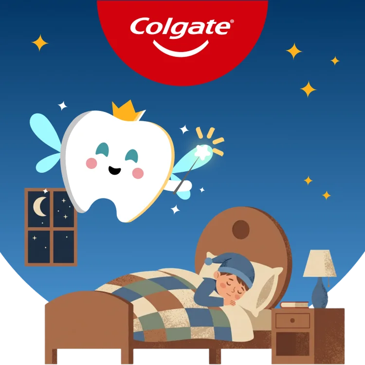 An illustration of a smiling tooth with a crown, wings, and a wand over a child sleeping in a bed.