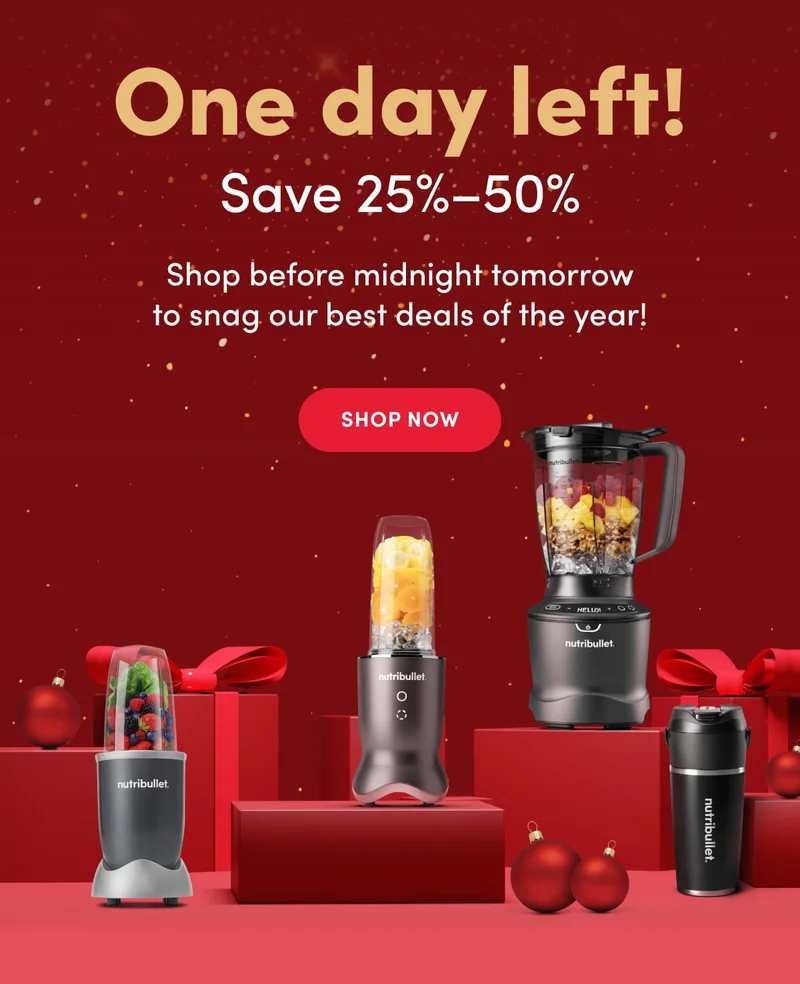 The nutribullet holiday sale offers 25%–50% off on everything from 11/25 to 12/3, featuring various blenders against a festive red background with gifts and ornaments.