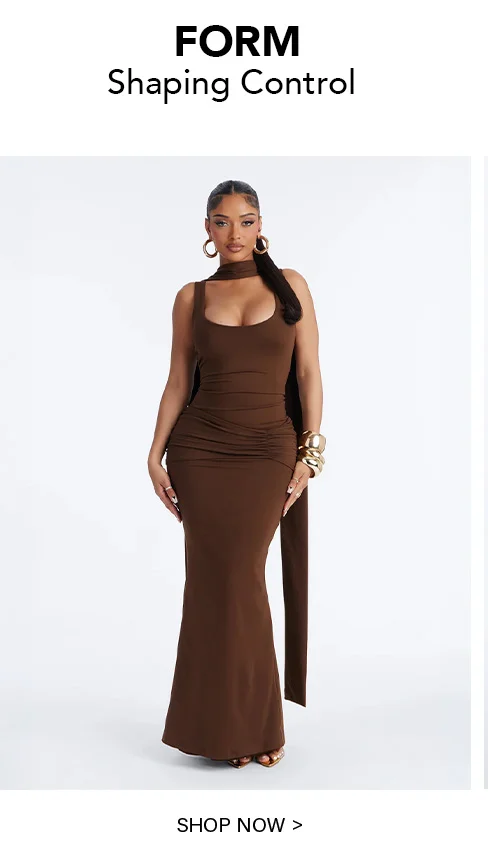 Rich brown form-fitting maxi dress with elegant ruching, accessorized with gold jewelry. Showcases the new FORM shaping control collection.