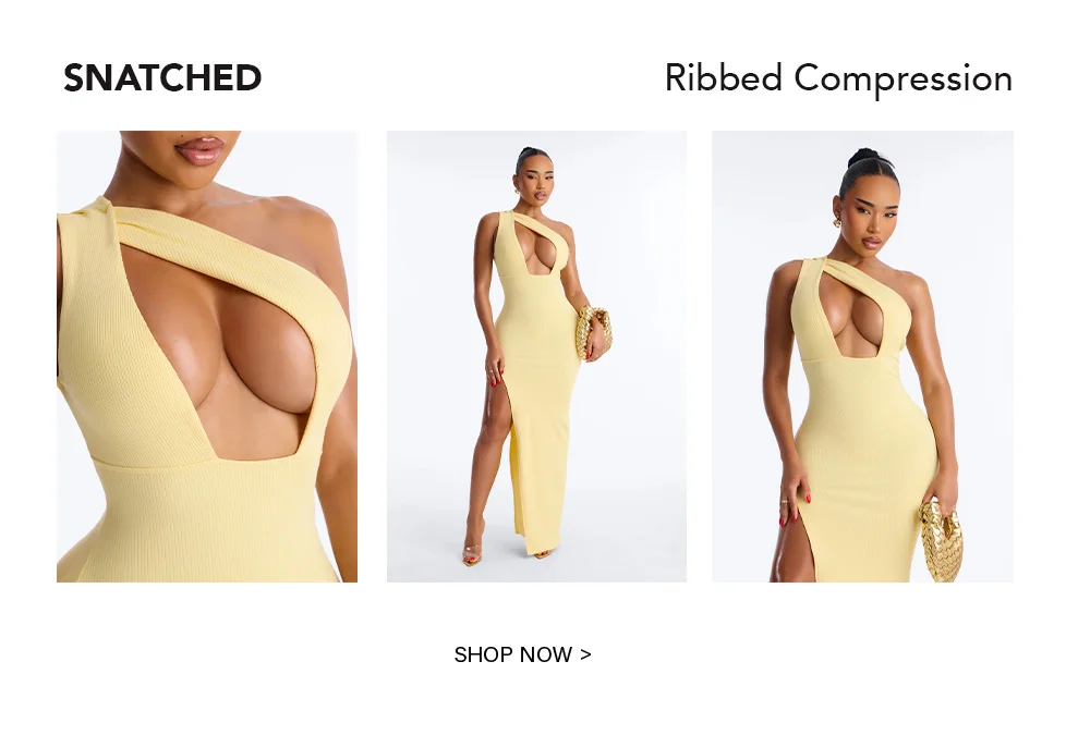 Light yellow ribbed compression one-shoulder maxi dress with a plunging neckline and high slit, emphasizing a snatched fit. Shop the new collection.