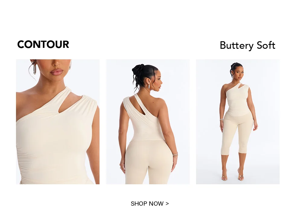 Model showcasing a cream one-shoulder contour top with cutout detail and matching buttery soft capri leggings from multiple angles. Shop new collection.