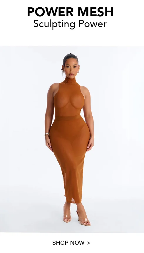 Model in a sleek, brown Power Mesh sculpting midi dress, high-neck, showcasing its figure-shaping power. Shop now.