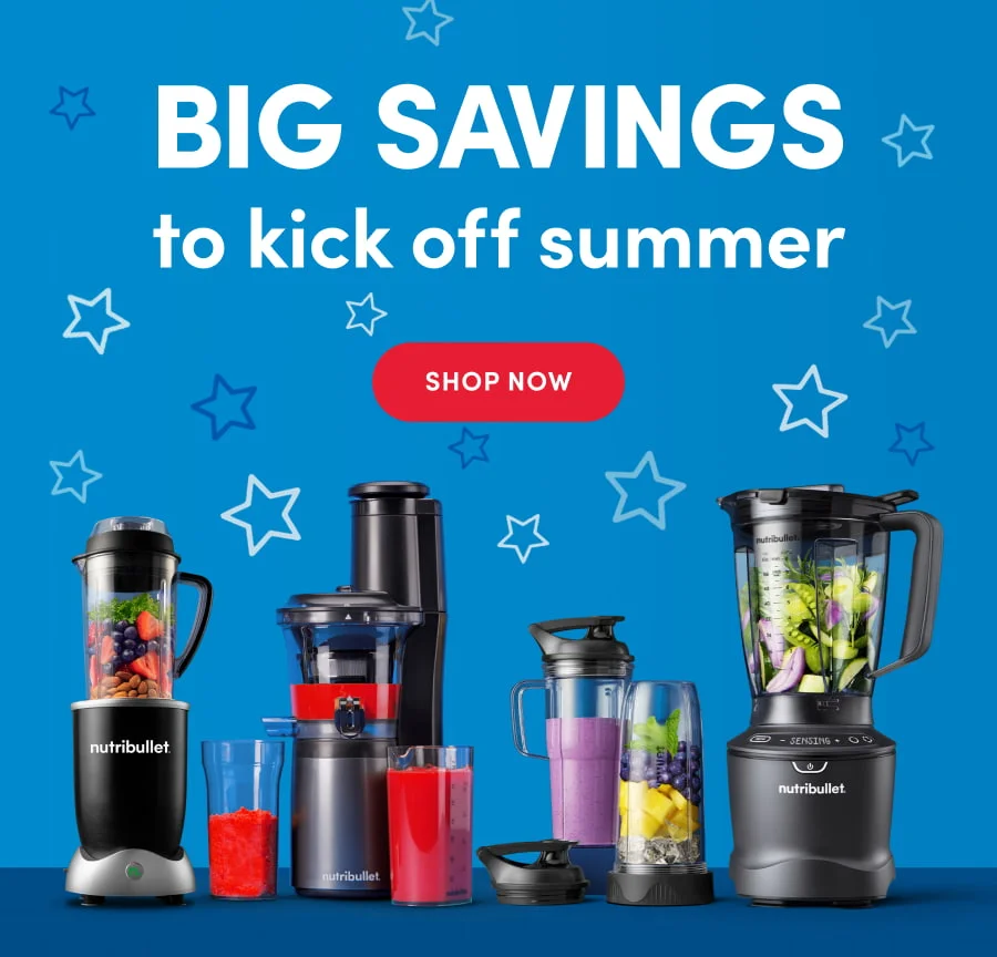 Four nutribullet blender models in different sizes and colors are arranged side by side, each with vibrant ingredients or drinks, suggesting summer use.