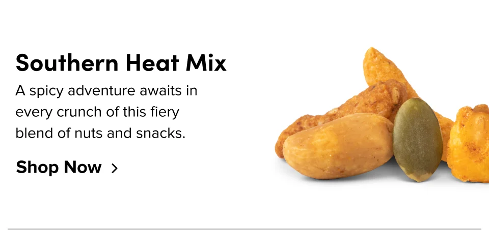 Southern Heat Mix: A spicy adventure awaits in every crunch of this fiery blend of nuts and snacks. Shop now