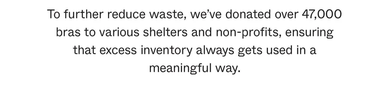 To further reduce waste, we've donated over 47,000 bras to various shelters and non-profits, ensuring that excess inventory always gets used in a meaningful way.
