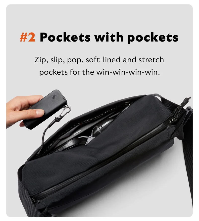 Pockets with pockets Zip, slip, pop, soft-lined and stretch pockets for the win-win-win-win.