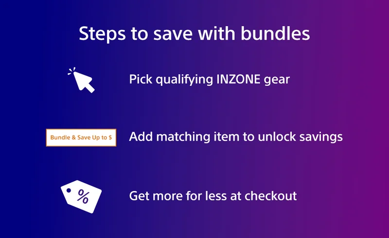 Steps to save with bundles | Pick qualifying INZONE gear | Add matching item to unlock savings | Get more for less at checkout
