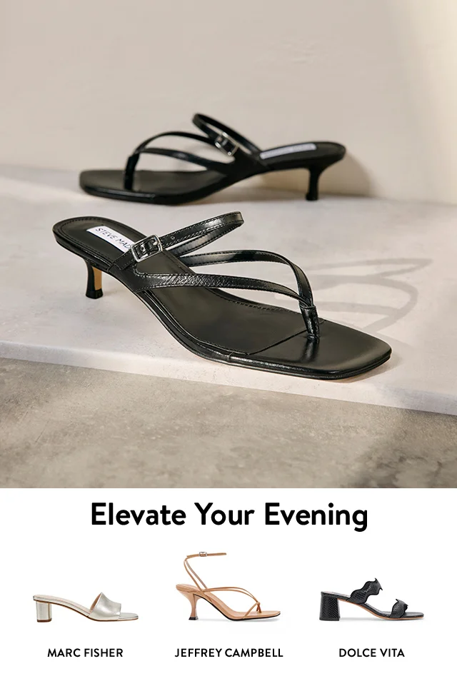 Black sandals from Steve Madden. Metallic slide sandal from Marc Fisher, Jeffrey Campbell strappy sandal, two-strap sandal from Dolce Vita.