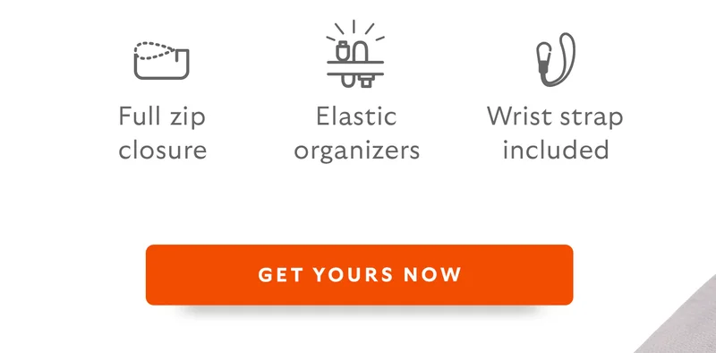 Full zip closure. Wrist strap included. Elastic organizers