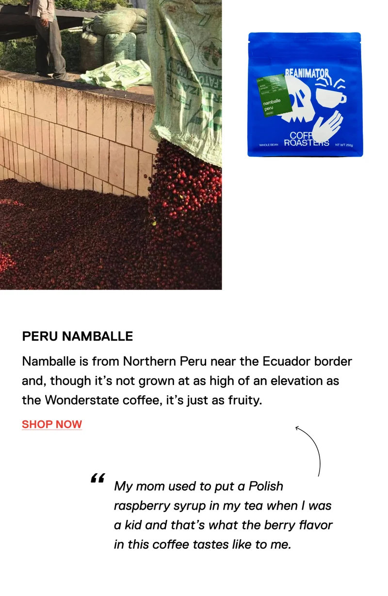 Peru Namballe. Namballe is from Northern Peru near the Ecuador border and, though it’s not grown at as high of an elevation as the Wonderstate coffee, it’s just as fruity. Shop Now