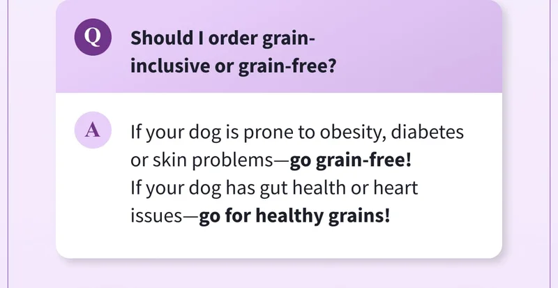 Q: Should I order grain-inclusive or grain-free? | A: If your dog is prone to obesity, diabetes or skin problems—go grain-free! If your dog has gut health or heart issues—go for healthy grains!