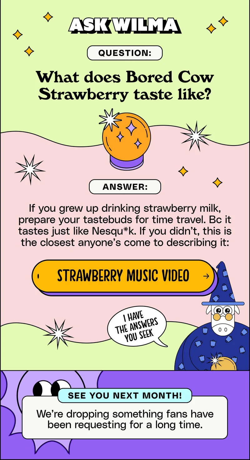 Ask Wilma What does Bored Cow Strawberry taste like? If you grew up drinking strawberry milk, prepare your tastebuds for time travel. Bc it tastes just like Nesqu*k. If you didn’t, this is the closest anyone’s come to describing it: Strawberry Music Video See you next month! We’re dropping something fans have been requesting for a long time.