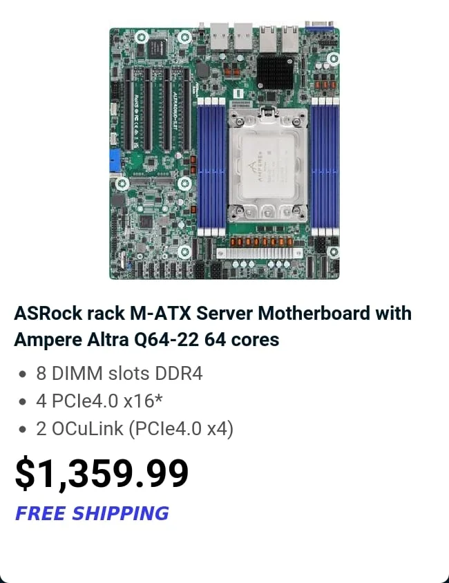 ASRock rack M-ATX Server Motherboard
    with Ampere Altra Q64-22 64 cores
